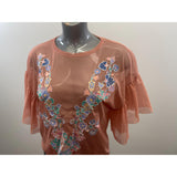 Zara Women's Salmon Ruffed Sleeve Floral Detail Tunic Top Size Small Polyester Blend