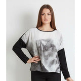 Point Zero Blouse Women's Medium Black Graphic 3/4 Sleeve Scoop Neck Cropped Top