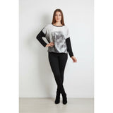 Point Zero Blouse Women's Medium Black Graphic 3/4 Sleeve Scoop Neck Cropped Top