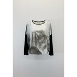 Point Zero Blouse Women's Medium Black Graphic 3/4 Sleeve Scoop Neck Cropped Top