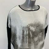 Point Zero Blouse Women's Medium Black Graphic 3/4 Sleeve Scoop Neck Cropped Top