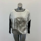 Point Zero Blouse Women's Medium Black Graphic 3/4 Sleeve Scoop Neck Cropped Top