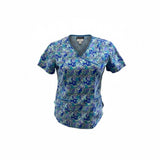O2 Scrub Women's Medical Scrub Top Size Small V Neck Blue Short Sleeve All Over Patterned Cotton Blend