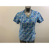O2 Scrub Women's Medical Scrub Top Size Small V Neck Blue Short Sleeve All Over Patterned Cotton Blend