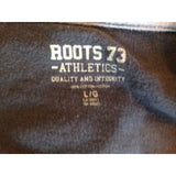 Roots Athletics Tee Mens Large Stitched Logo Blue Crew Neck Spell Out Cotton Tee