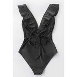 CUPSHE Women's V Neck One Piece Swimsuit Ruffled  Monokini Medium Black NWT