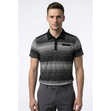Dark Black Men's Medium Polo Shirt Black Gray Striped Cotton Short Sleeve