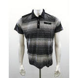Dark Black Men's Medium Polo Shirt Black Gray Striped Cotton Short Sleeve