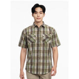 Navy Crew Men's Green and Brown Plaid Causal Button Up Short Sleeve Shirt Large