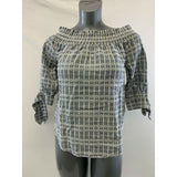EAM Women's M Gray White Cold Shoulder Printed Tie Short Sleeve Peasant Top