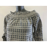 EAM Women's M Gray White Cold Shoulder Printed Tie Short Sleeve Peasant Top