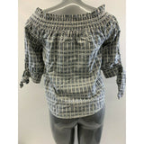 EAM Women's M Gray White Cold Shoulder Printed Tie Short Sleeve Peasant Top