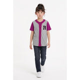 Roots Kids Girls Medium Gray Purple Short Sleeve Button Up Baseball Jersey