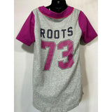 Roots Kids Girls Medium Gray Purple Short Sleeve Button Up Baseball Jersey