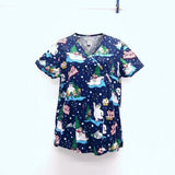 Frosty The Snowman Women's Medical Scrub Top Size Small Blue Graphic V Neck Cotton.