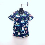 Frosty The Snowman Women's Medical Scrub Top Size Small Blue Graphic V Neck Cotton.