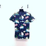 Frosty The Snowman Women's Medical Scrub Top Size Small Blue Graphic V Neck Cotton.