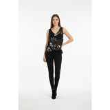 Denver Hayes Women's S top sheer black with white flowers sleeveless scoop neck