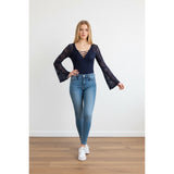 Highline Bodysuit Women's XS Blue Lace Long Flouce Sleeve Tie Up V Neck Polyamide Blend