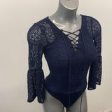 Highline Bodysuit Women's XS Blue Lace Long Flouce Sleeve Tie Up V Neck Polyamide Blend