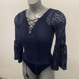 Highline Bodysuit Women's XS Blue Lace Long Flouce Sleeve Tie Up V Neck Polyamide Blend