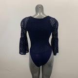 Highline Bodysuit Women's XS Blue Lace Long Flouce Sleeve Tie Up V Neck Polyamide Blend