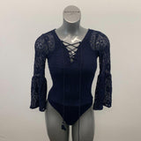 Highline Bodysuit Women's XS Blue Lace Long Flouce Sleeve Tie Up V Neck Polyamide Blend