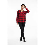 Saks Fifth Avenue Women's Button Up Top Size XS Red Black Plaid Long Sleeve V Neck Rayon Blend Shirt