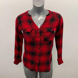 Saks Fifth Avenue Women's Button Up Top Size XS Red Black Plaid Long Sleeve V Neck Rayon Blend Shirt