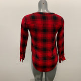 Saks Fifth Avenue Women's Button Up Top Size XS Red Black Plaid Long Sleeve V Neck Rayon Blend Shirt