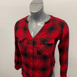 Saks Fifth Avenue Women's Button Up Top Size XS Red Black Plaid Long Sleeve V Neck Rayon Blend Shirt