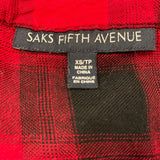 Saks Fifth Avenue Women's Button Up Top Size XS Red Black Plaid Long Sleeve V Neck Rayon Blend Shirt