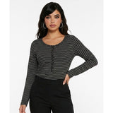 Eddie Bauer Henley Shirt  Women's Large Gray White Striped Cotton Long Sleeve