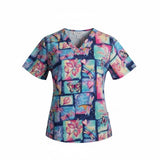 O2 Scrubs Women's V Neck Short Sleeve Multi Color Medical Scrub Top Size Small