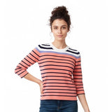 Eddie Bauer Women's Peach Blue White Striped 3/4 Sleeve Sweater Size XS