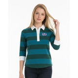Roots Polo Shirt Women's Medium Blue Green Striped 3/4 Sleeve Embroidered Logo