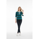 Roots Polo Shirt Women's Medium Blue Green Striped 3/4 Sleeve Embroidered Logo
