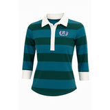 Roots Polo Shirt Women's Medium Blue Green Striped 3/4 Sleeve Embroidered Logo