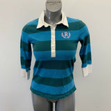 Roots Polo Shirt Women's Medium Blue Green Striped 3/4 Sleeve Embroidered Logo