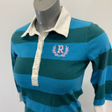 Roots Polo Shirt Women's Medium Blue Green Striped 3/4 Sleeve Embroidered Logo