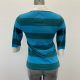 Roots Polo Shirt Women's Medium Blue Green Striped 3/4 Sleeve Embroidered Logo