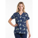 Crocs Medical Scrub Top Women's Size Small V Neck Owl Print Blue Short Sleeve Cotton