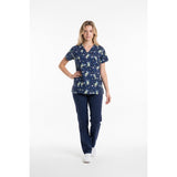 Crocs Medical Scrub Top Women's Size Small V Neck Owl Print Blue Short Sleeve Cotton