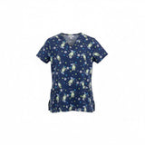 Crocs Medical Scrub Top Women's Size Small V Neck Owl Print Blue Short Sleeve Cotton