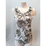 Banana Republic Women's Sleeveless Beige Green Floral Ruffle Collar Top Size M