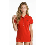 HBC Sport Women's Red Collared T-Shirt with Buttons Fox Logo on Left Top Side Size Medium Cotton