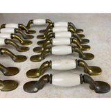15 Spoon Foot Door Pull Antique Brass With Almond Ceramic Insert 5" Heavy Tarnish