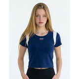 Roots Active Top Women's Size XL Blue White Short Sleeve Cotton Spandex Cropped