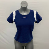 Roots Active Top Women's Size XL Blue White Short Sleeve Cotton Spandex Cropped