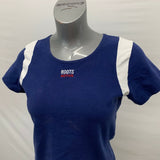 Roots Active Top Women's Size XL Blue White Short Sleeve Cotton Spandex Cropped
